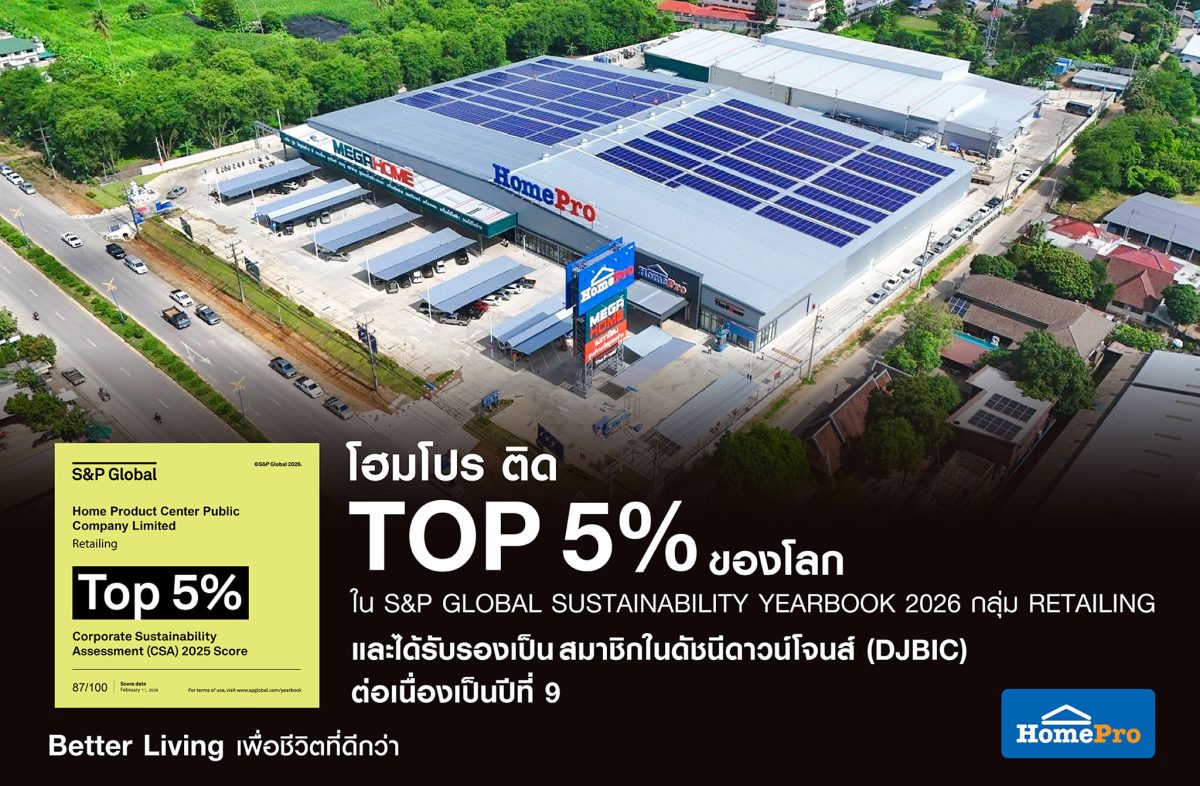 โฮมโปร คว้าอันดับ Top 5% โลก ด้านความยั่งยืนปี 2026 จาก S&amp;P Global ตอกย้ำผู้นำค้าปลีกสินค้าและบริการเรื่องบ้าน สู่มาตรฐาน ESG ระดับสากล ขับเคลื่อนองค์กรเติบโตอย่างยั่งยืน