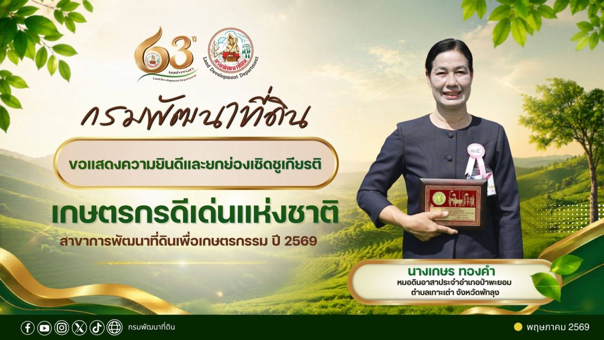กรมพัฒนาที่ดิน ร่วมยินดี "หมอดินเกษร" คว้าเกษตรกรดีเด่นแห่งชาติ ปี 2569 สาขาการพัฒนาที่ดินฯ พลิกฟื้นดินเสื่อมโทรม สร้างรายได้ยั่งยืนสู่ชุมชน