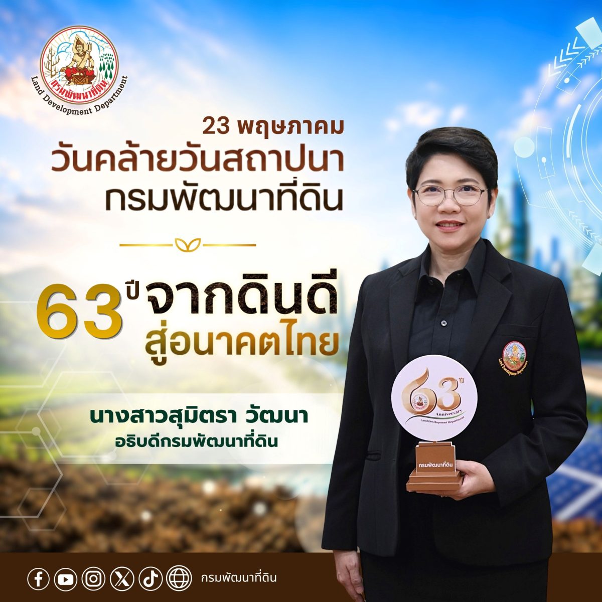 กรมพัฒนาที่ดิน เตรียมจัดงานครบรอบ 63 ปี ชูบทบาท "ดินดี" สู่อนาคตเกษตรไทย