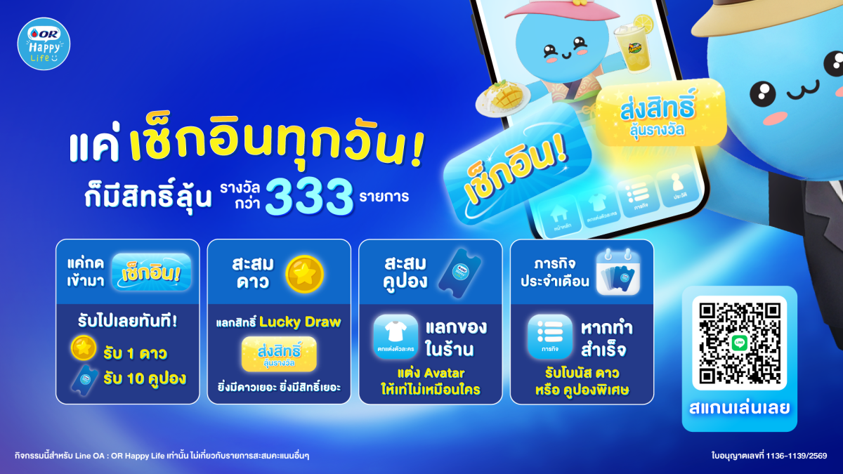OR ชวนท่องโลกเสมือนจริง! เปิดตัวแคมเปญใหญ่แห่งปี "OR Happy World" ผ่าน LINE @ORHappyLife สร้าง Avatar สุดชิค-เช็กอินทุกวัน ลุ้นรับของรางวัลมูลค่ารวมกว่า 8 แสนบาท ตลอดปี 2569