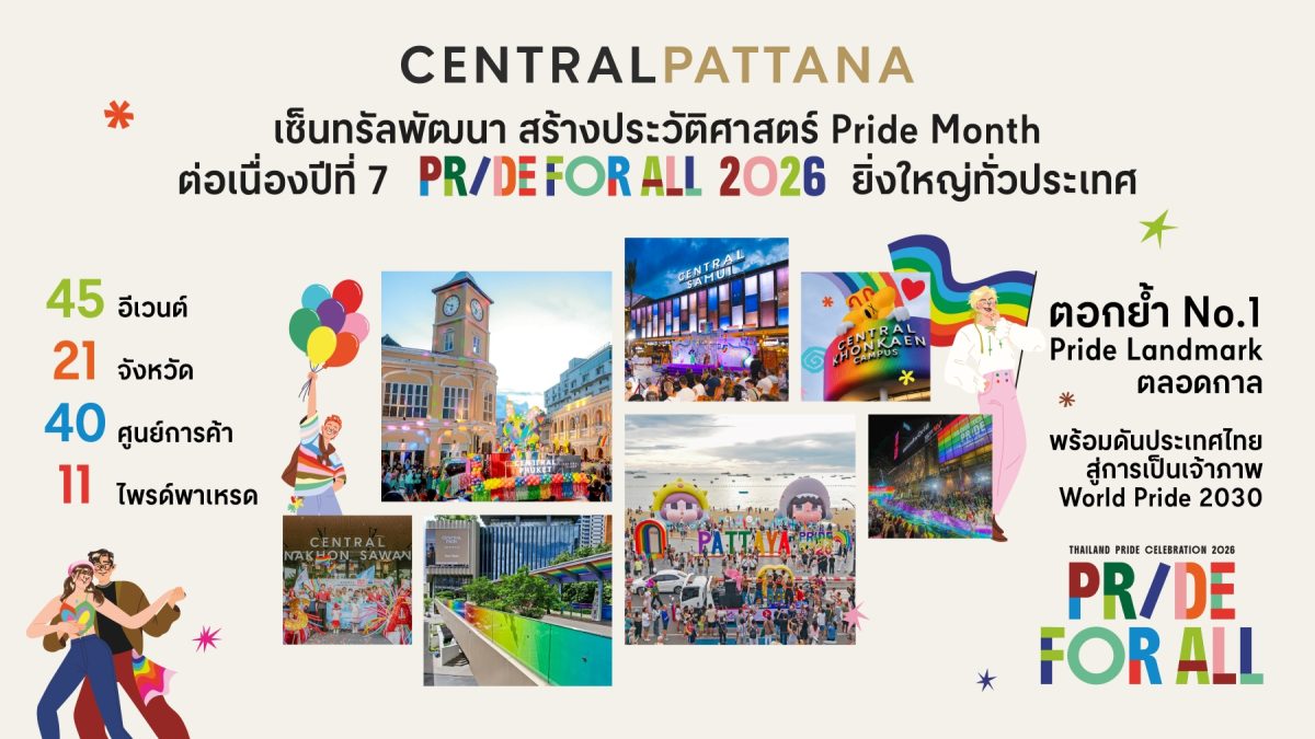 เซ็นทรัลพัฒนา สร้างประวัติศาสตร์ Pride Month ต่อเนื่องปีที่ 7 "Pride For All 2026" ยิ่งใหญ่ทั่วประเทศ ตอกย้ำ No.1 Pride Landmark ตลอดกาล