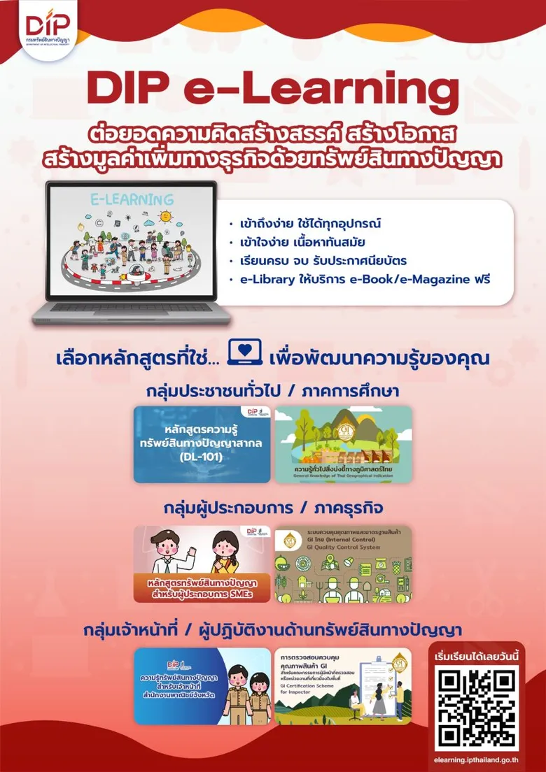 กรมทรัพย์สินทางปัญญา เผยหลักสูตร "ทรัพย์สินทางปัญญาสากล" ขึ้นแท่นอันดับ 1 ผู้เรียนสูงสุดบนระบบ "DIP e-Learning" สะท้อนความสนใจเรียนรู้ IP ระดับสากล ตามมาตรฐาน WIPO