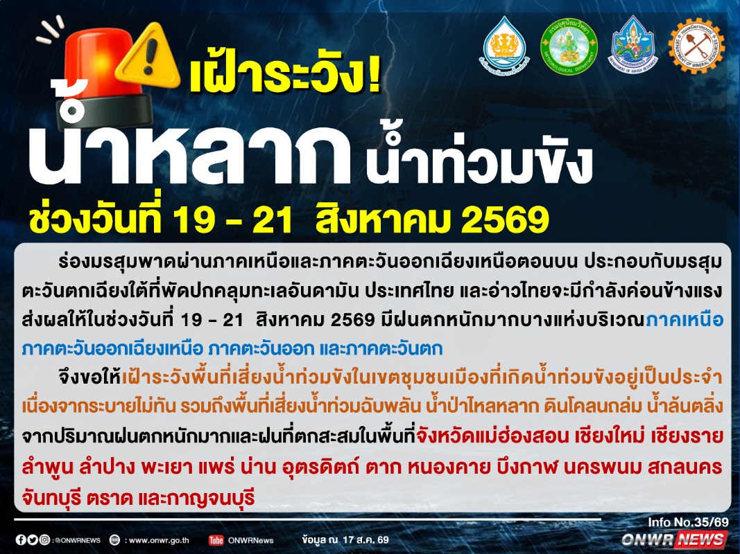 ร่องมรสุมพาดผ่านภาคเหนือและภาคตะวันออกเฉี...