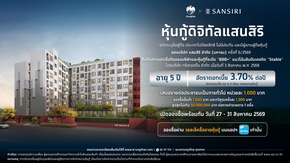 ธนาคารกรุงไทยจับมือแสนสิริ เปิดจอง "หุ้นกู้ดิจิทัลแ...