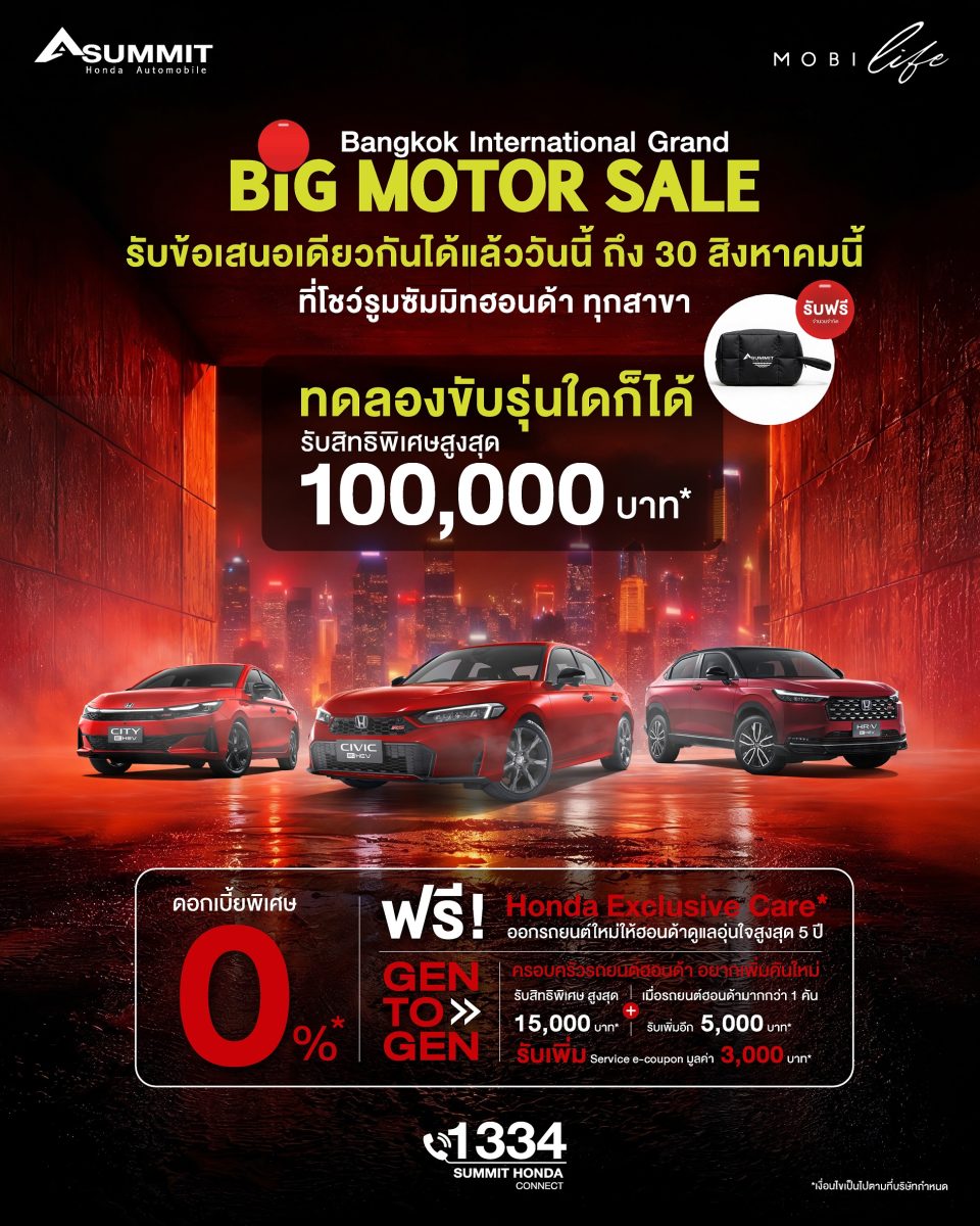 ซัมมิท ฮอนด้า ออโตโมบิล จัดหนักแคมเปญ 'Big Deal Big Friend! จองรถสุดปัง' ยกทัพโปรแรงลุยงาน BIG MOTOR SALE 2026 รับฟรี Summit Honda Fluffy Bag พร้อมข้อเสนอสุดพิเศษ
