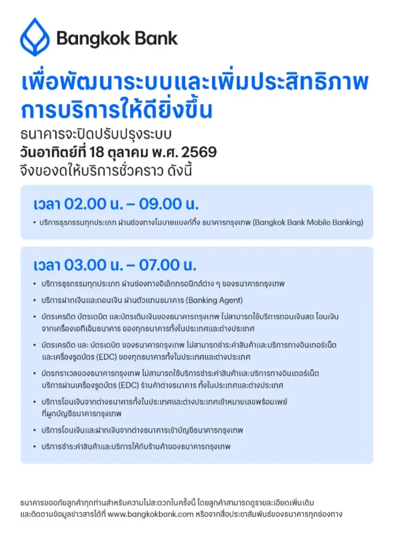Bangkok Bank announces temporary closure of services for system maintenance to enhance service efficiency