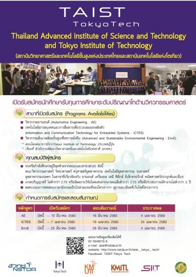 สวทช. เปิดรับสมัครนักศึกษารับทุน TAIST-Tokyo Tech