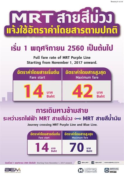 MRT สายสีม่วงแจ้งใช้อัตราค่าโดยสารตามปกติ