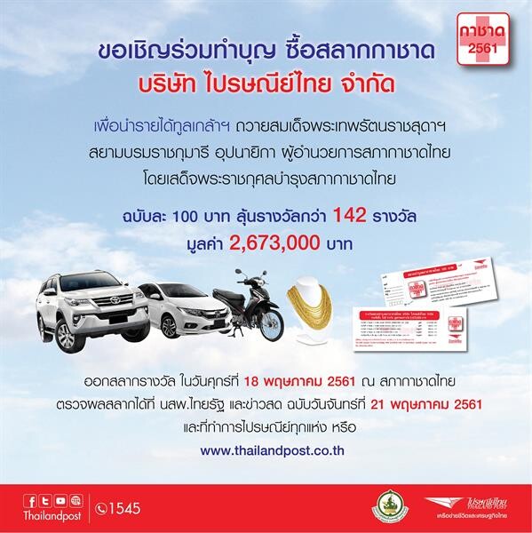 ไปรษณีย์ไทย ชวนทำบุญกับสลากกาชาด ชิงรางวัลใหญ่