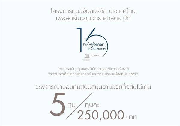 ลอรีอัล ประเทศไทย เปิดรับสมัครชิงทุนวิจัย  “เพื่อสตรีในงานวิทยาศาสตร์” ครั้งที่ 16 ปรับสาขาให้ทันเทรนด์โลก มุ่งพัฒนานักวิจัยสตรีไทยสู่ระดับนานาชาติ
