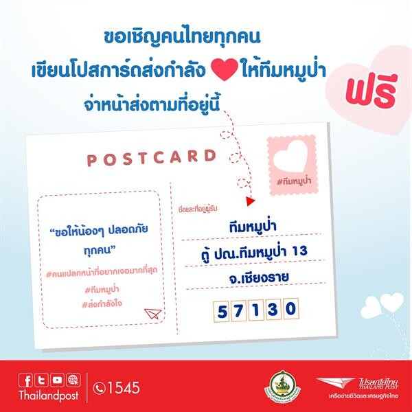 ไปรษณีย์ไทย เปิดตู้ ปณ.ทีมหมูป่า 13 เชียงราย 57130 ฟรี ชวนคนไทยเขียนโปสการ์ดส่งกำลังใจให้น้องๆ ทีมหมูป่า ปลอดภัย