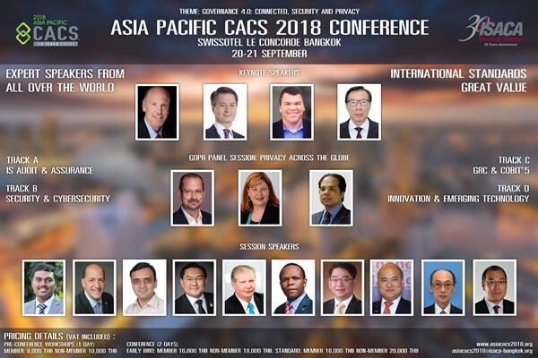 เจาะลึกงานกำกับดูแลไอทียุคดิจิทัล ในงานสัมมนานานาชาติ Asia Pacific CACS 2018 : Governance 4.0: Connected, Security and Privacy จัดโดย ISACA Bangkok Chapter วันที่ 20-21 กันยายน ศกนี้