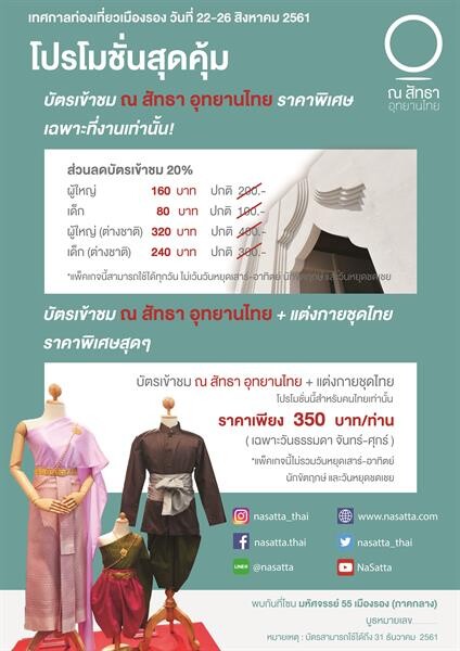 “ณ สัทธา อุทยานไทย” จัดโปรโมชั่นพิเศษ ชวนร่วมงาน “เทศกาลท่องเที่ยวเมืองรอง : มหัศจรรย์ 55 เมืองรอง ลองไปแล้วจะรู้”
