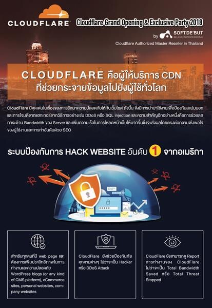 ซอฟท์เดบู เปิดตัว 'Cloudflare’ ระบบป้องกันการแฮกเว็บไซต์อันดับ 1 จากสหรัฐอเมริกา