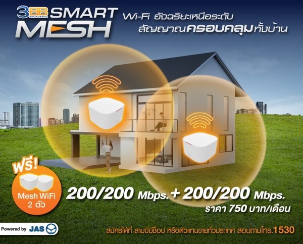 3BB ออกแพ็กเกจใหม่ 3BB Smart Mesh 200/200 Mbps + 200/200 Mbps มี WiFi อัจฉริยะ สัญญาณครอบคลุมทั้งบ้าน สมัครวันนี้รับ Mesh WiFi ฟรี 2 ตัว พร้อมเน็ตแยกท่อพิเศษ 2 ท่อ ด้วยเทคโนโลยี AI สัญญาณแรงทั่วทุกจุด เล่นเกมไม่สะดุด