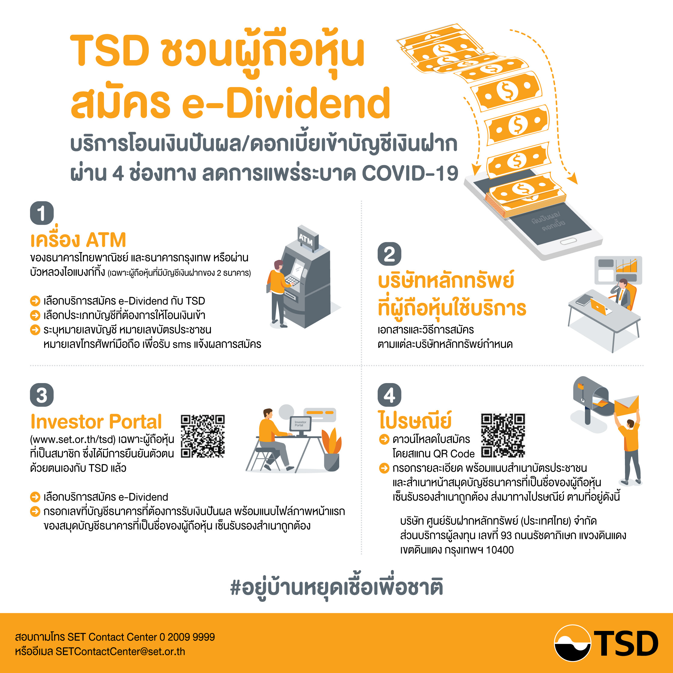 ลาดหลักทรัพย์แห่งประเทศไทย ขอนำส่งข่าวสั้น “TSDเชิญชวนผู้ถือหุ้นสมัครใช้บริการ e-Dividendผ่านออนไลน์ ลดการแพร่ระบาดโรคCOVID-19”