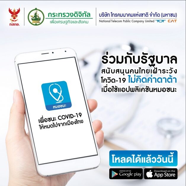 MDES และ NT พร้อมสนับสนุนคนไทยเฝ้าระวังการแพร่ระบาดของโควิด-19 ยกเว้นค่าใช้บริการดาต้าสำหรับแอปพลิเคชัน "หมอชนะ"