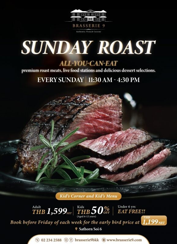 Brasserie 9 Sathorn Soi 6 Launches  All-You-Can-Eat Sunday Roast With English Roast Meats,  5-Hour-Long Buffet Starting March 7