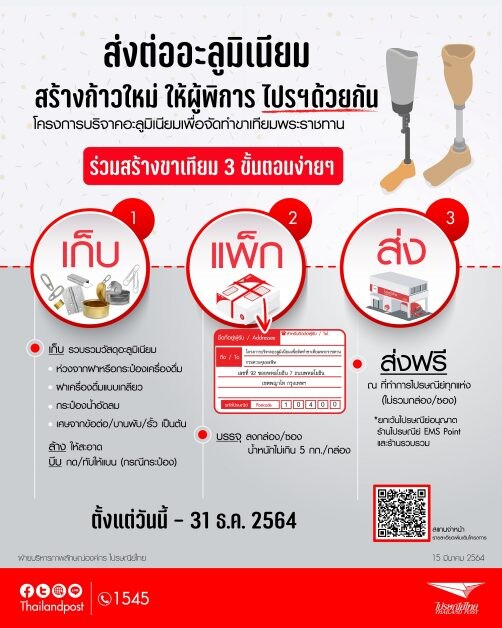 สร้างก้าวใหม่ให้ผู้พิการ!! ไปรษณีย์ไทยชวนคนไทยร่วมส่งต่อ "วัสดุอะลูมิเนียม" เพื่อทำขาเทียมพระราชทาน ฟรี!! ไม่มีค่าใช้จ่าย