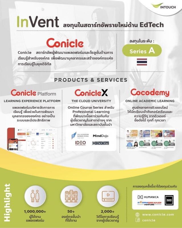 InVent ลงทุนรอบ Series A ใน Conicle สตาร์ทอัพ EdTech สัญชาติไทยสนับสนุนการพัฒนา All-in-one Learning Platform สำหรับลูกค้าองค์กร