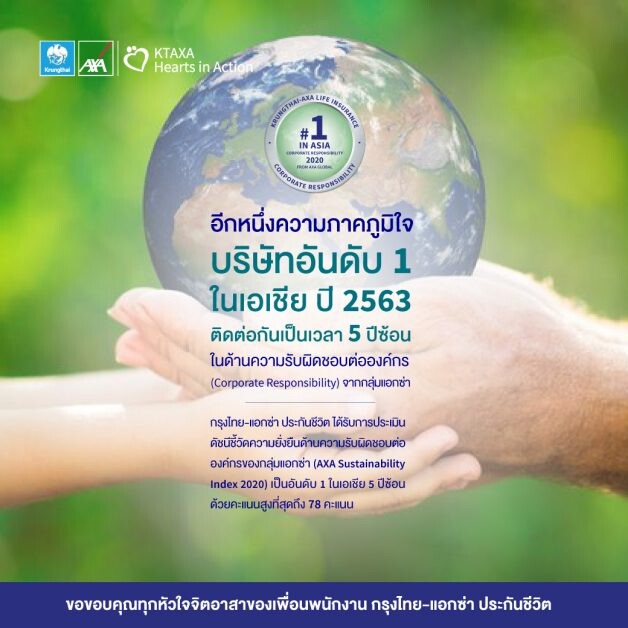 กรุงไทย-แอกซ่า ประกันชีวิต คว้าอันดับ 1 ในเอเชีย 5 ปีซ้อน ด้านความรับผิดชอบต่อองค์กร (CR)