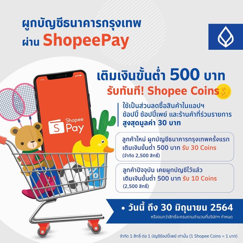 ธนาคารกรุงเทพ จับมือ ShopeePay  ชวนชาวไทยผูกบัญชีผ่าน ShopeePay รับสิทธิพิเศษสุดคุ้ม  ผูกก่อน รับสิทธิก่อน ด่วน! จำนวนจำกัด