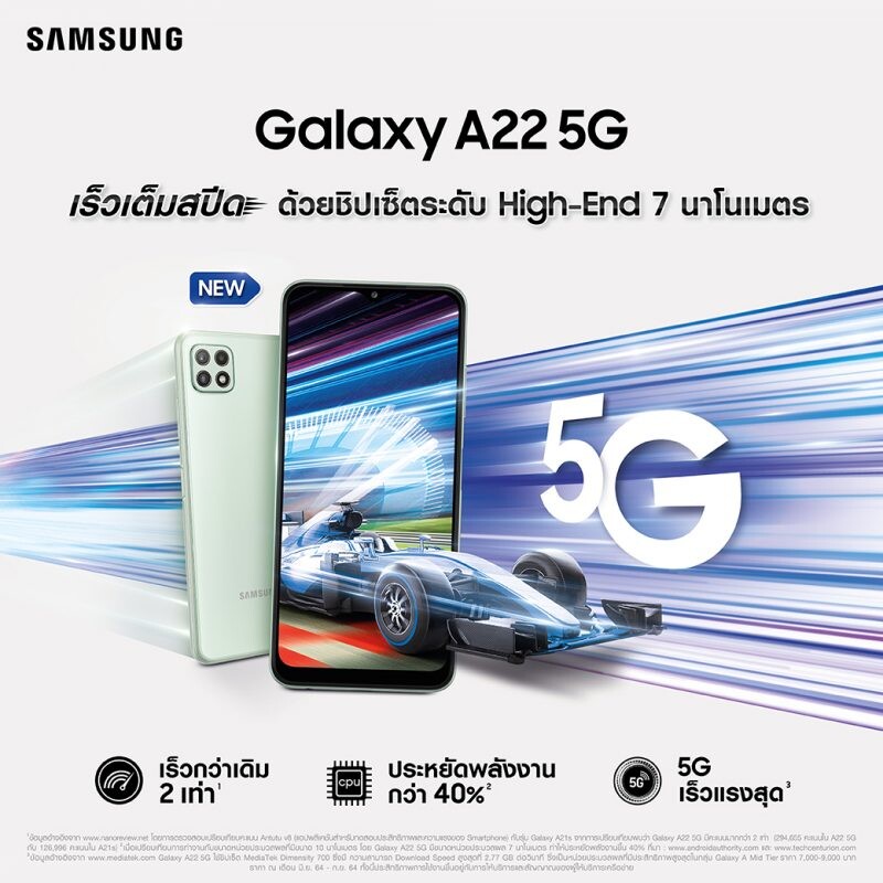 เปิดตัว "Galaxy A22 5G" สุดยอดสมาร์ทโฟน 5G เร็วเต็มสปีดรุ่นใหม่ล่าสุด ในราคาเริ่มต้นเพียง 1,289 บาท! ที่ร้านค้าในเครือ AIS เท่านั้น