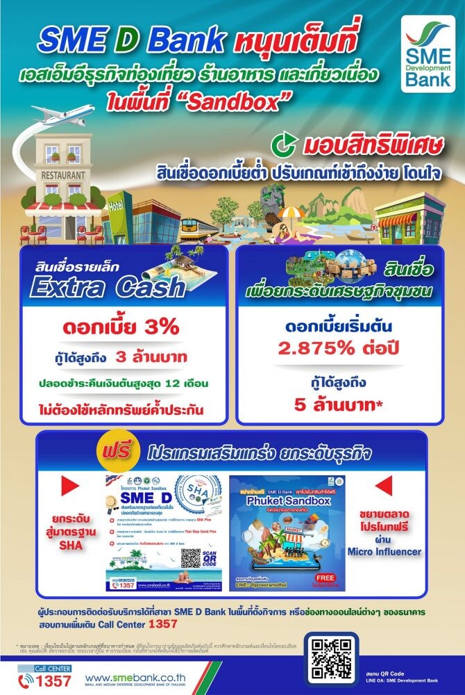 SME D Bank คิกออฟหนุนเอสเอ็มอีท่องเที่ยวและเกี่ยวเนื่องพื้นที่ Sandbox มอบสิทธิพิเศษเข้าถึงสินเชื่อดอกเบี้ยต่ำ รับเปิดประเทศปลุกเศรษฐกิจไทยฟื้นตัว