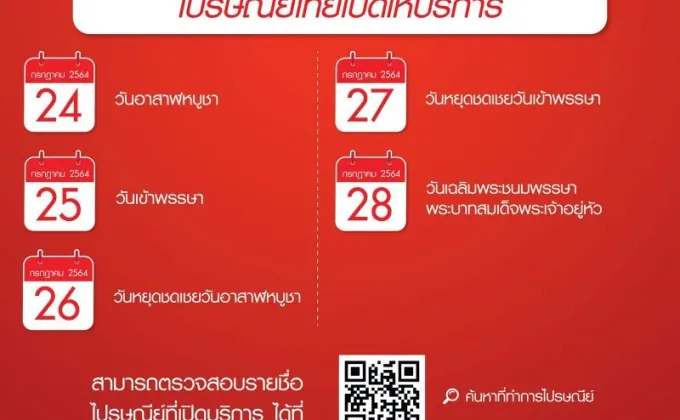 ไปรษณีย์ไทยเปิดให้บริการเนื่องในวันหยุดประจำเดือนกรกฎาคม