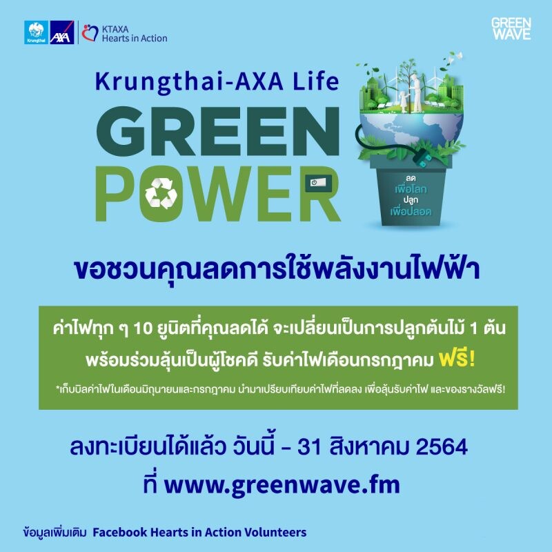 กรุงไทย-แอกซ่า ประกันชีวิต ร่วมกับ กรีนเวฟ 106.5 เอฟเอ็ม ชวนคุณร่วมลงทะเบียนร่วมกิจกรรม "กรุงไทย-แอกซ่า ประกันชีวิต Green Power ลดเพื่อโลก ปลูกเพื่อปลอด"