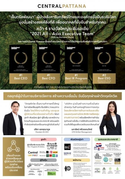 เซ็นทรัลพัฒนา ย้ำผู้นำอสังหาริมทรัพย์ไทย และองค์กรยั่งยืนระดับโลก คว้า 4 รางวัลใหญ่ระดับเอเชีย 2021 All - Asia Executive Team จาก Institutional Investor