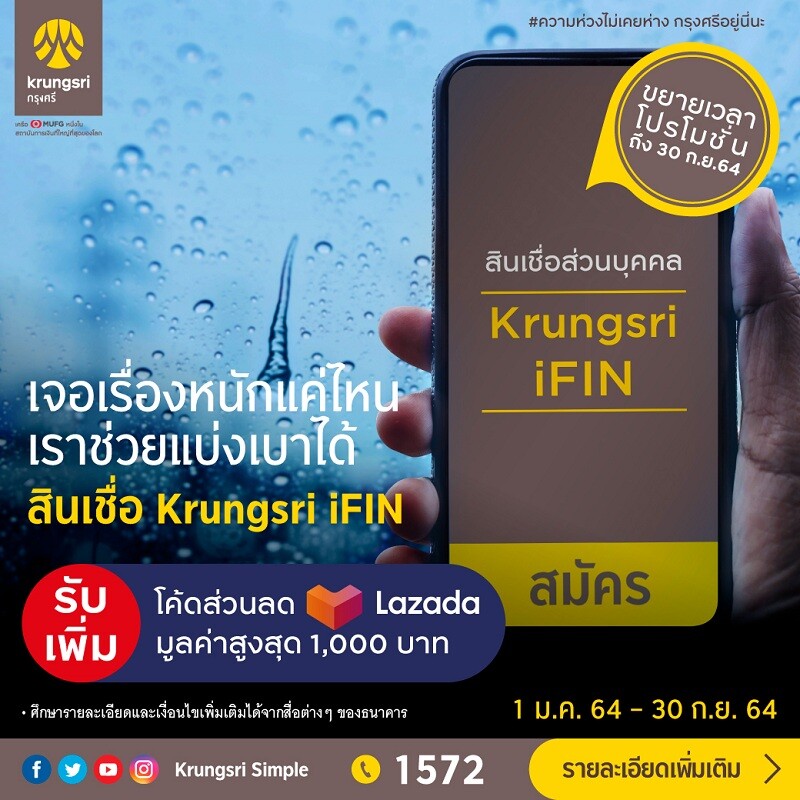 กรุงศรี มอบโค้ดส่วนลด Lazada สำหรับลูกค้าสินเชื่อ Krungsri iFIN เมื่อสมัครผ่าน KMA- Krungsri Mobile App