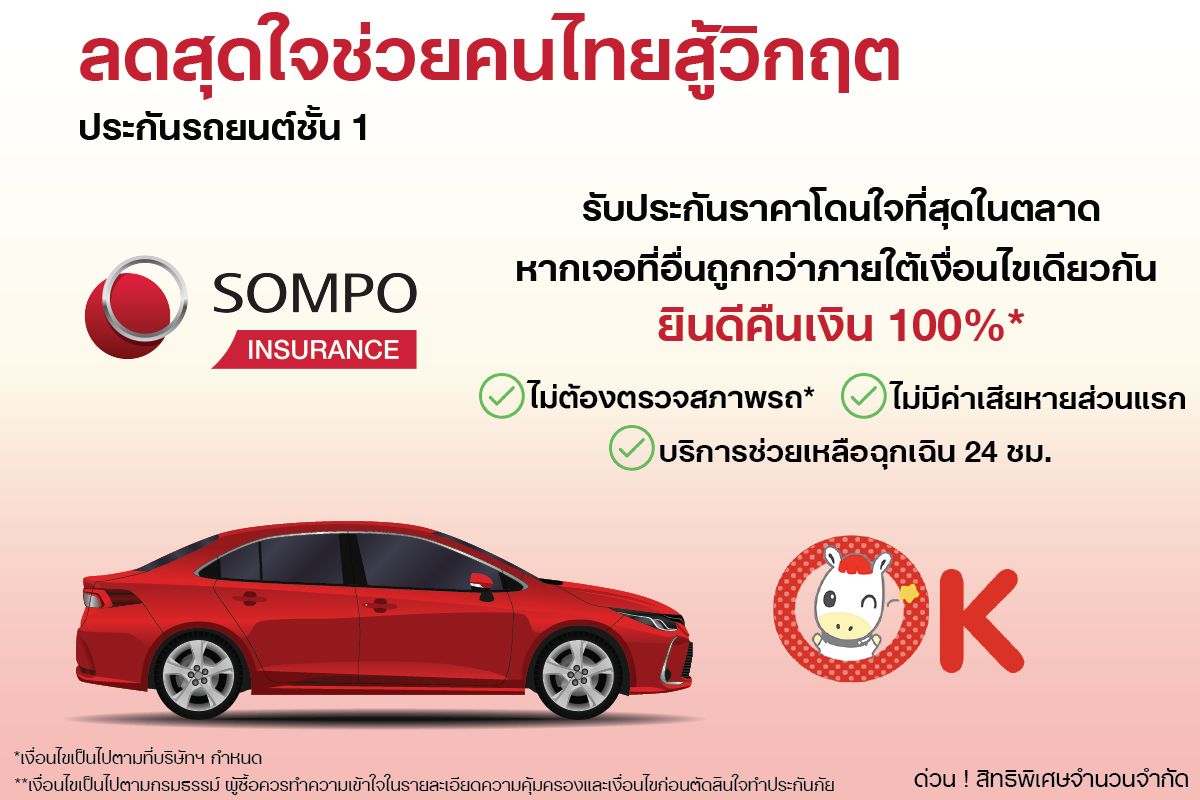 SOMPO เปิดตัวแคมเปญสุดคุ้ม "ลดสุดใจช่วยคนไทยสู้วิกฤตกับประกันภัยรถยนต์ชั้น 1" ราคาโดนใจพิเศษสุดในตลาด ไม่ต้องตรวจสภาพ ช่วยแบ่งเบาภาระประชาชนก้าวข้ามวิกฤต
