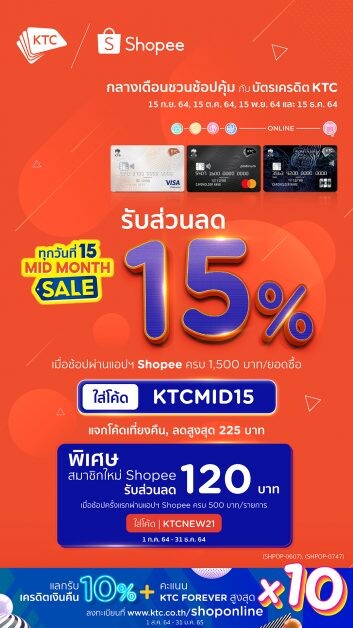 เคทีซี-ช้อปปี้จัดส่วนลดสุดปัง 15% ทุกวันที่ 15 ผ่านกิจกรรม KTC x Shopee Mid Month Sale