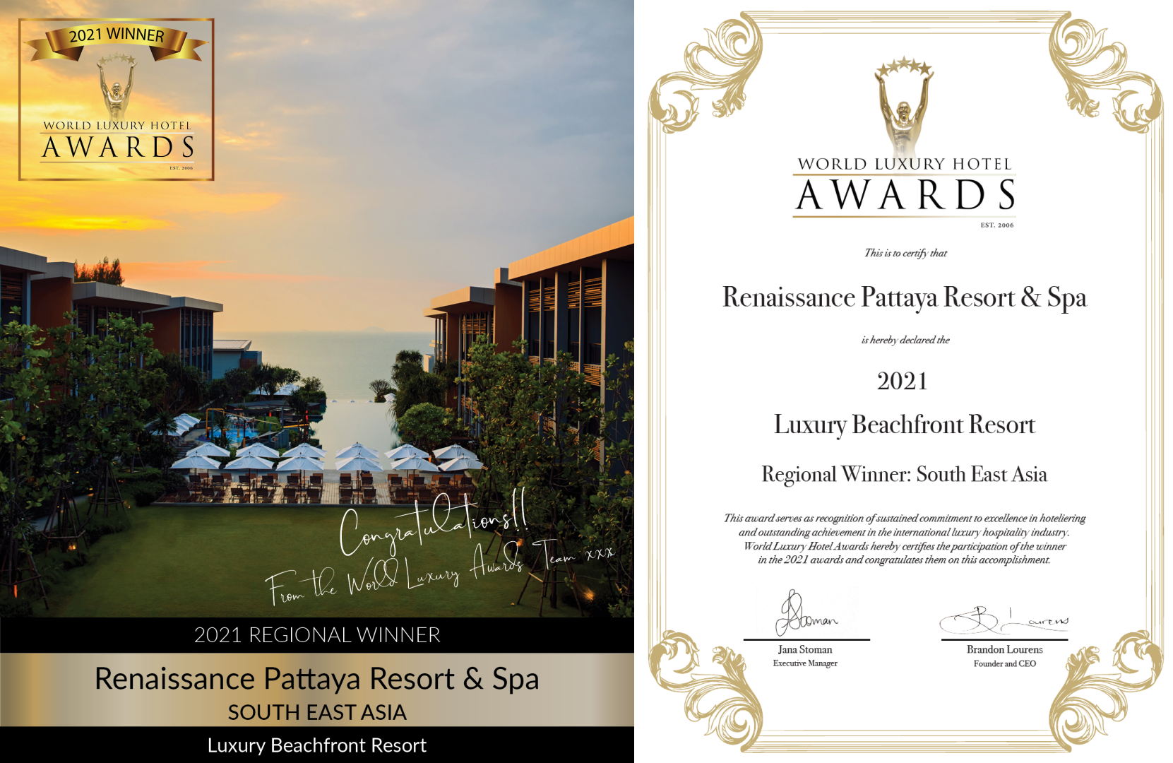 เรเนซองส์ พัทยา ได้รับรางวัล Luxury Beachfront Resort ประจำภูมิภาคเอเชียตะวันออกเฉียงใต้ จาก World Luxury Hotel Awards ประจำปี 2021