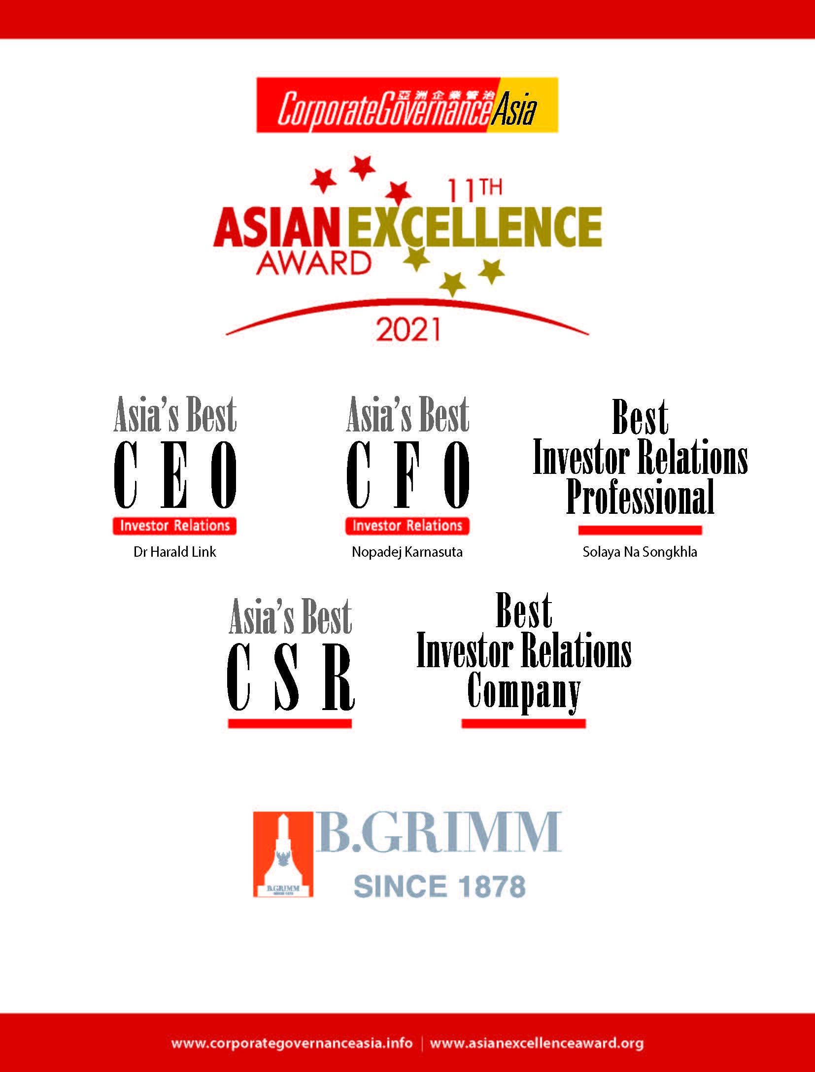 บี.กริม เพาเวอร์ ปลื้มคว้า 5 รางวัลเกียรติยศ Asian Excellence Awards 2021 ตอกย้ำความเป็นเลิศขององค์กร ด้านการลงทุนและธรรมาภิบาล ระดับชั้นนำของเอเชีย