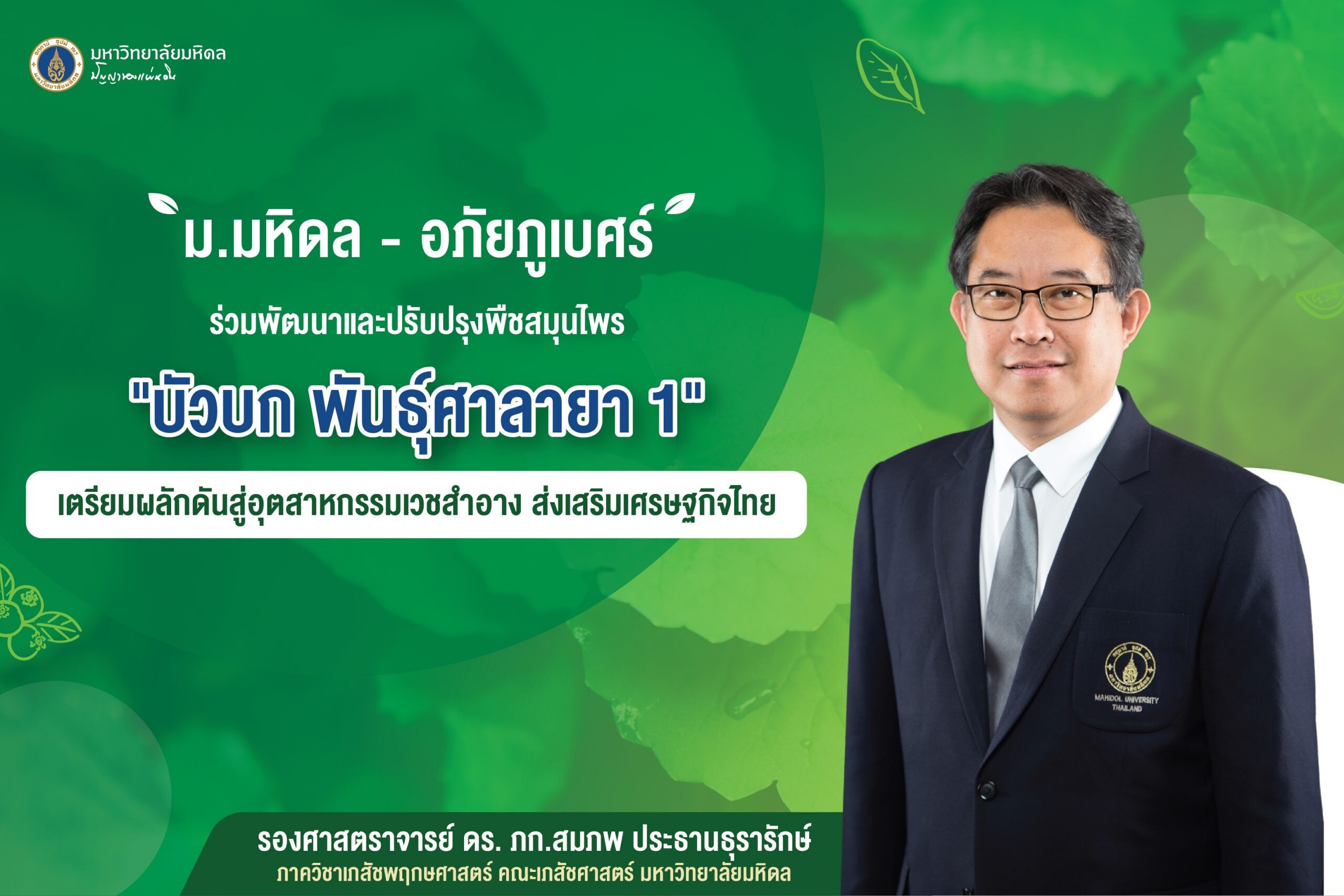 ม.มหิดล - อภัยภูเบศร ร่วมพัฒนาและปรับปรุงพืชสมุนไพร"บัวบก พันธุ์ศาลายา 1" เตรียมผลักดันสู่อุตสาหกรรมเวชสำอาง ส่งเสริมเศรษฐกิจไทย