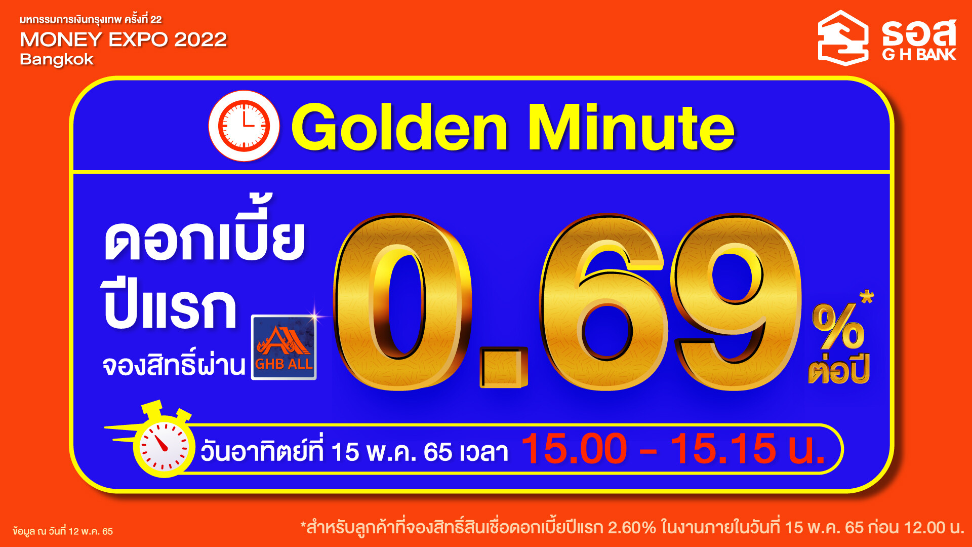 ธอส. ปล่อยของ!! สินเชื่อบ้าน Golden Minute ดอกเบี้ยปีแรกเพียง 0.69% ต่อปี เฉพาะที่งานมหกรรมการเงินกรุงเทพฯ Money Expo 2022