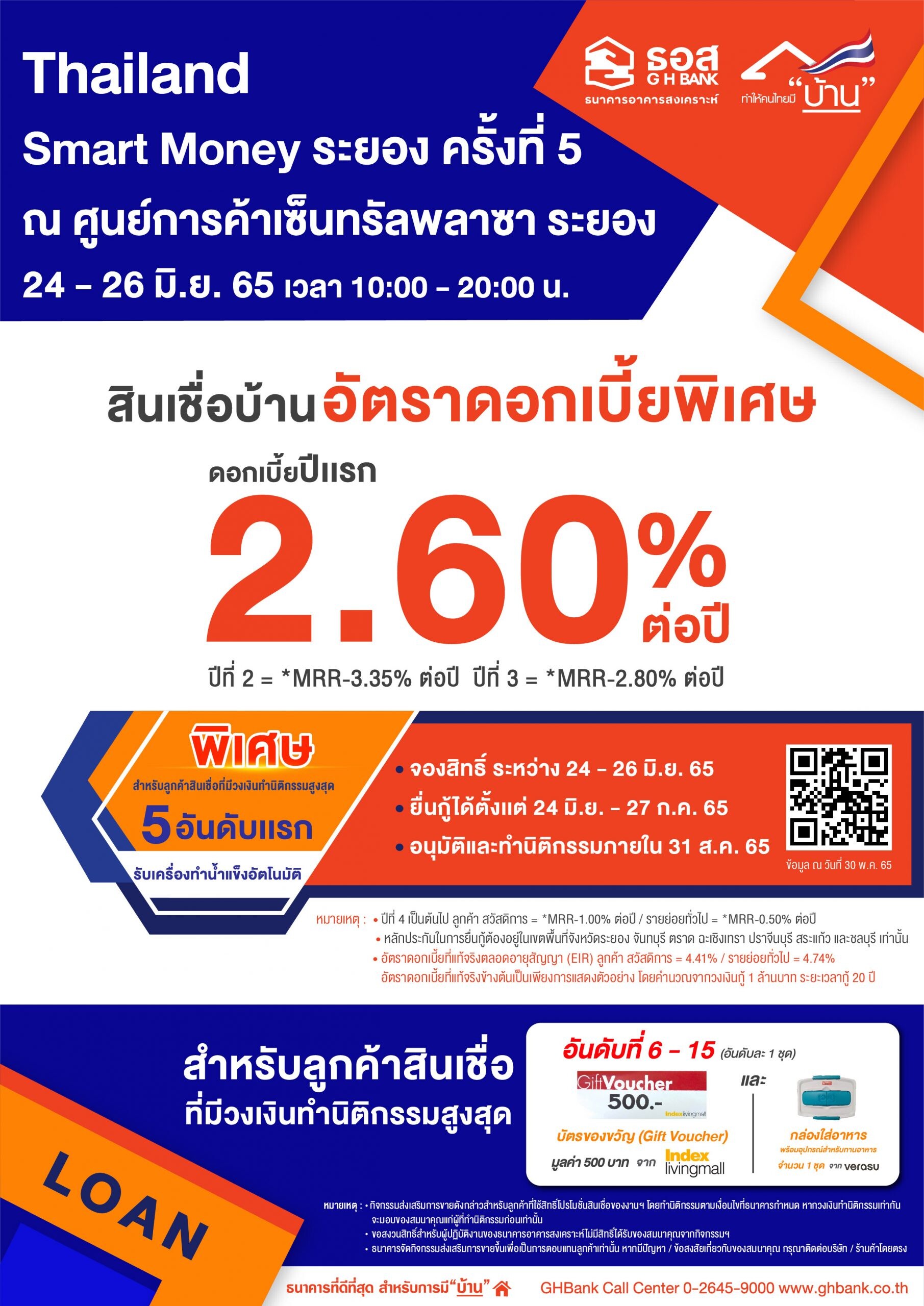 ธอส. ขนโปรโมชั่น สินเชื่อบ้านอัตราดอกเบี้ยคงที่ปีแรก  2.60% ต่อปี  ร่วมงาน "Thailand Smart Money ระยอง ครั้งที่ 5"