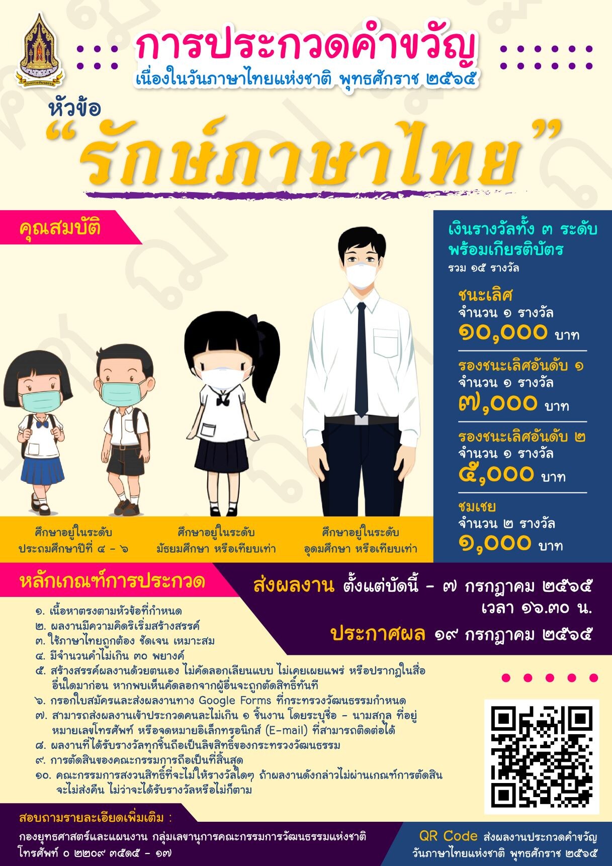 วธ. ชวนเด็กและเยาวชน ประชันคำขวัญ เนื่องในวันภาษาไทยแห่งชาติ 29 กรกฎาคม หัวข้อ "รักษ์ภาษาไทย" ชิงทุนการศึกษานับหมื่น ตั้งแต่วันนี้ - 7 ก.ค. 2565.