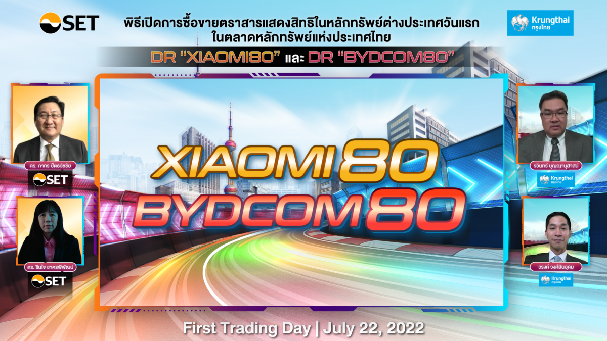 DR "BYDCOM80" และ "XIAOMI80" เริ่มซื้อขายในตลาดหลักทรัพย์ฯ วันแรก