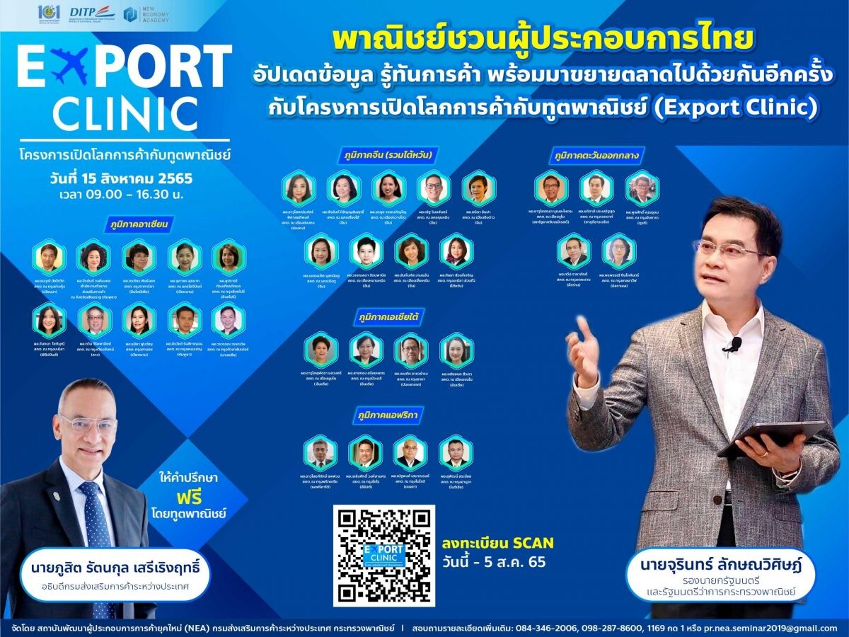 พาณิชย์ชวนผู้ประกอบการไทยอัปเดตข้อมูล รู้ทันการค้า พร้อมมาขยายตลาดไปด้วยกันอีกครั้ง กับโครงการเปิดโลกการค้ากับทูตพาณิชย์ (Export Clinic)
