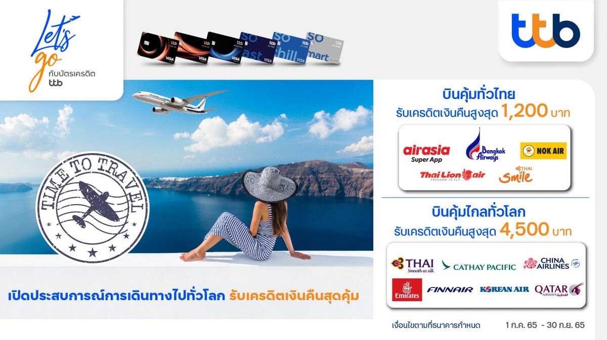 บัตรเครดิต ทีทีบี ชวนเดินทางท่องเที่ยวทั่วไทยและทั่วโลก จับมือ 12 สายการบิน มอบเครดิตเงินคืนสูงสุด 4,500 บาท