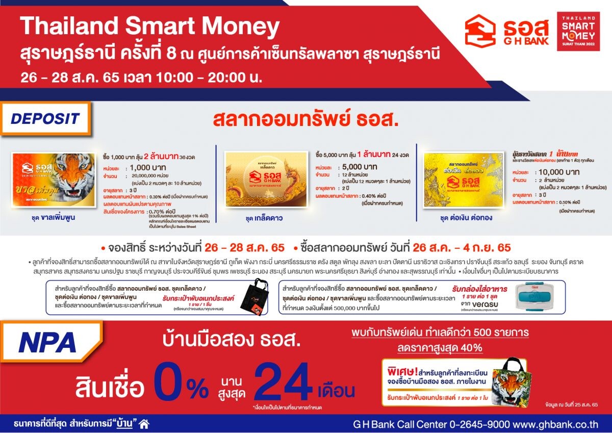 ธอส. ลงใต้คัดโปรเด็ดสินเชื่อบ้าน ดอกเบี้ยคงที่ปีแรก  2.60% ต่อปี  ที่งาน "Thailand Smart Money สุราษฎร์ธานี ครั้งที่ 8"
