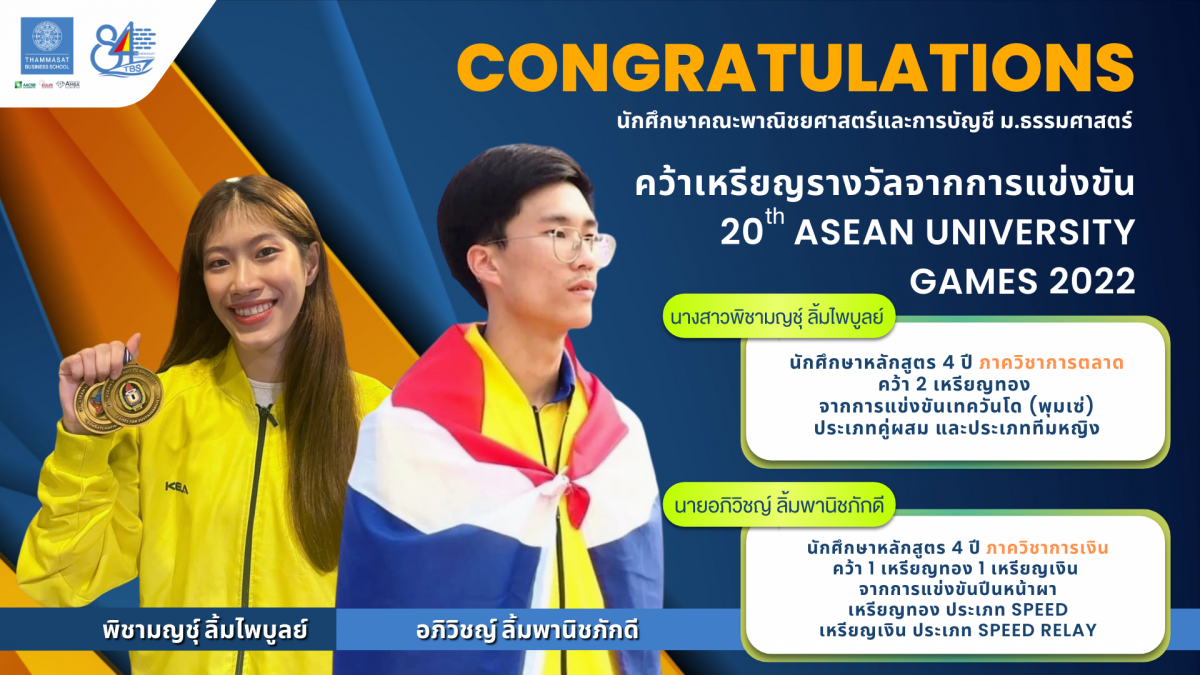 นักศึกษาคณะพาณิชยศาสตร์และการบัญชี ธรรมศาสตร์ คว้าเหรียญรางวัลจากการแข่งขัน 20th ASEAN UNIVERSITY GAMES 2022
