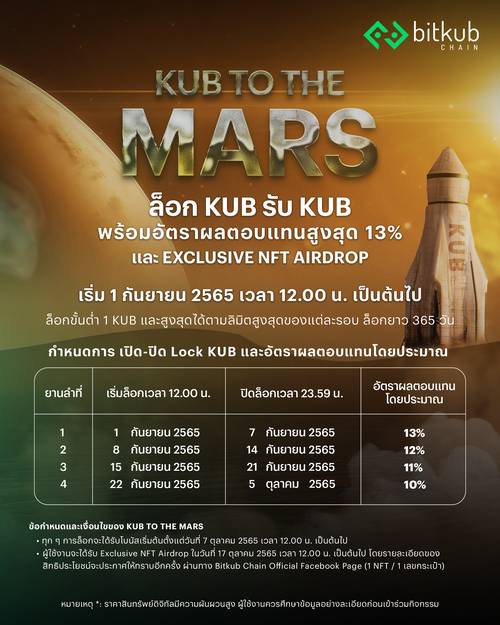 Bitkub Chain เปิดตัว KUB to the MARS เชิญทุกคนร่วมขึ้นยานไปดาวอังคารกับครั้งแรกของการล็อก KUB เพื่อรับโบนัสเป็นเหรียญ KUB พร้อม Exclusive NFT Airdrop ที่มอบสิทธิประโยชน์แก่ผู้ร่วมกิจกรรม