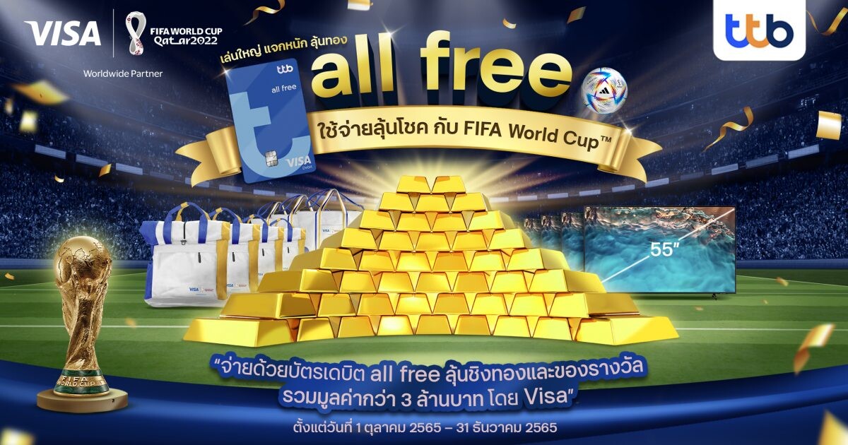 บัตรเดบิต ออลล์ฟรี มอบโชครับ FIFA World Cup(TM) เพิ่มรอยยิ้มให้กับลูกค้า เมื่อใช้จ่ายผ่านบัตรลุ้นชิงทองและของรางวัล รวมมูลค่ากว่า 3 ล้านบาท