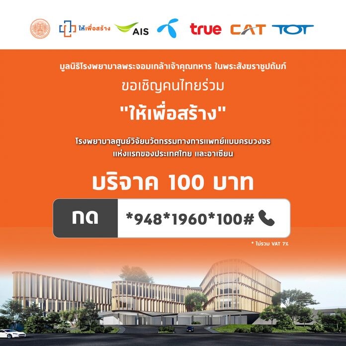 มูลนิธิโรงพยาบาลพระจอมเกล้าฯ ชวนคนไทยส่งต่อน้ำใจบริจาค 100 บาท  สร้างโรงพยาบาลแห่งนวัตกรรม มาร่วมเป็นส่วนหนึ่งในการเปลี่ยนแปลงการแพทย์ของไทย