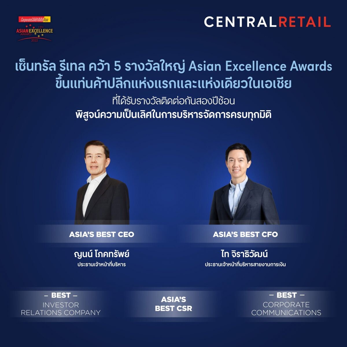 เซ็นทรัล รีเทล ขึ้นแท่นค้าปลีกแห่งแรกและแห่งเดียวในเอเชีย คว้า 5 รางวัลใหญ่จาก Asian Excellence Awards 2022 ติดต่อกันสองปีซ้อน