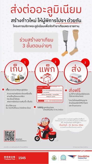 "ไปรษณีย์ไทย - กรมควบคุมมลพิษ" ชวนคนไทยเปลี่ยนขยะอะลูมิเนียม เติมเต็มชิ้นส่วนขาเทียมเพื่อผู้พิการ เปิดช่องทางรับบริจาค - ส่งฟรีผ่านที่ทำการฯ
